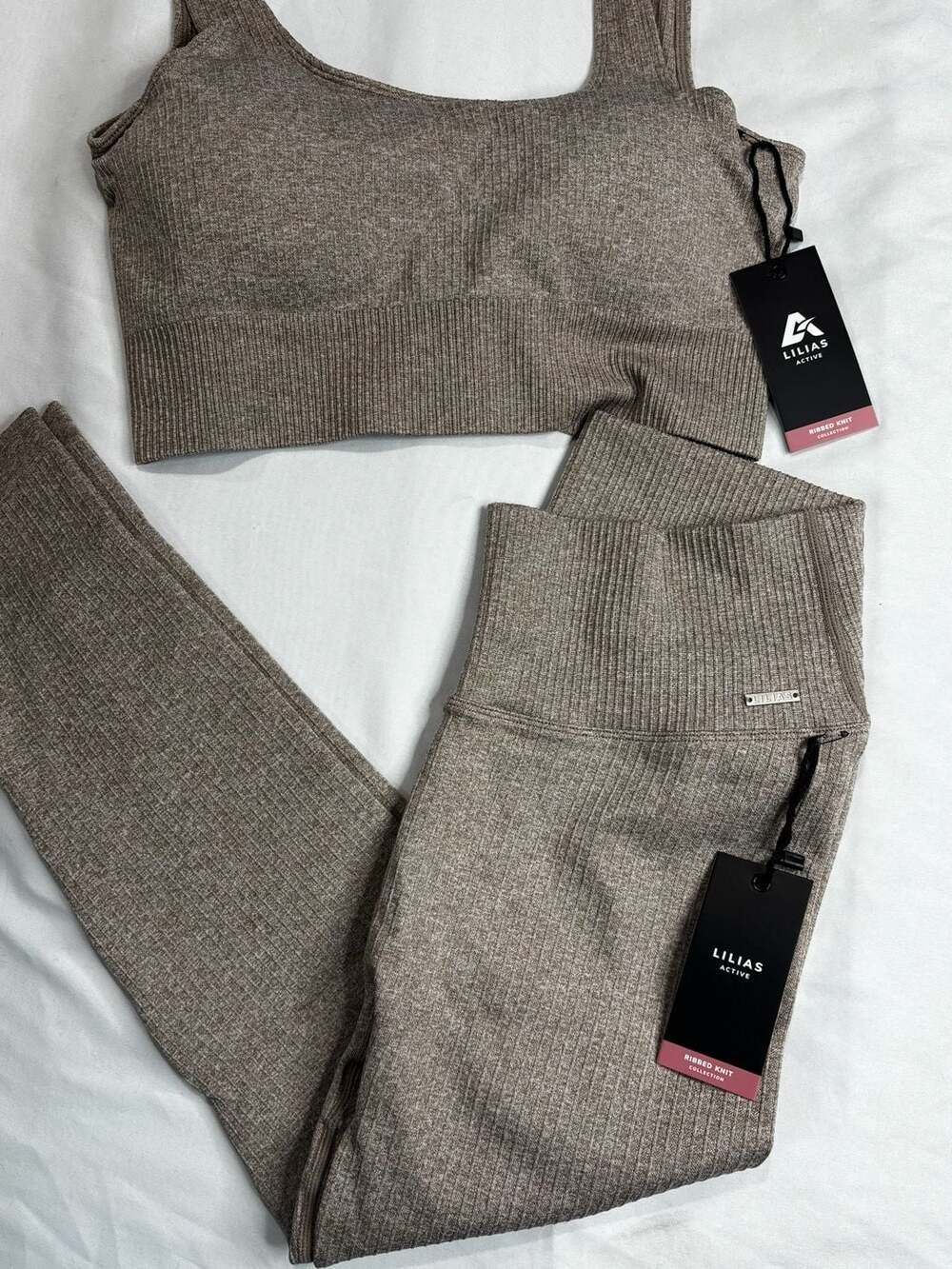 Lilias Active Ribbed Knit Sports Bra and 7/8 Leggings Set Taupe
